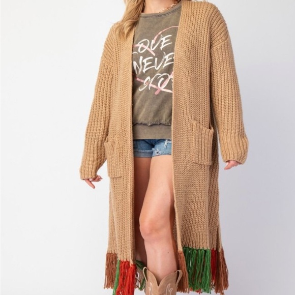easel Sweaters - easel Long Camel Knit Cardigan with Multicolor Fringe